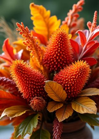 紅葉した葉とケイトウの秋らしいアレンジメント