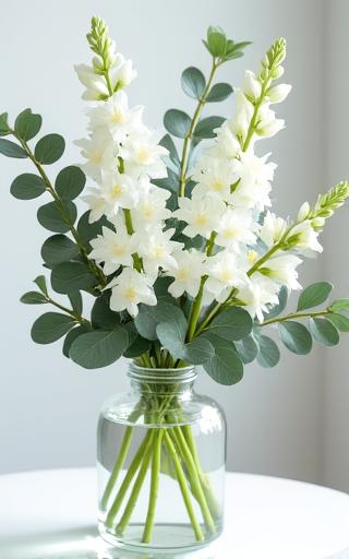 ユーカリと白い花のアレンジメント