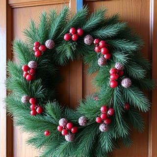 針葉樹と赤い実で作られた冬のリース