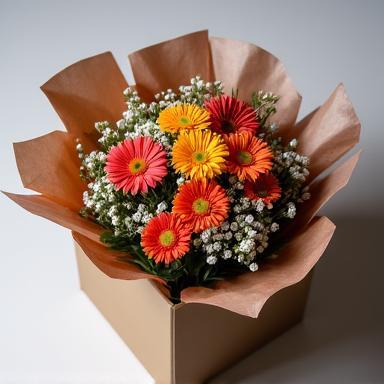 配送用に丁寧に梱包された花束の箱