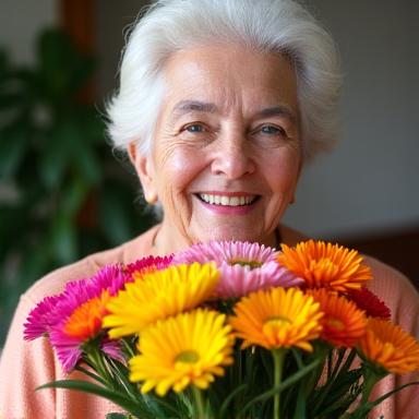 花束を持って微笑むシニア女性
