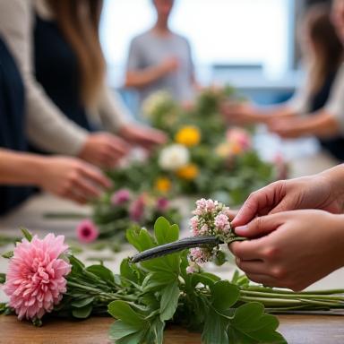 花をアレンジしている参加者の手元
