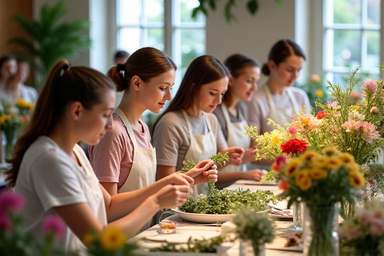 和やかな雰囲気の中で行われるフラワーワークショップの様子